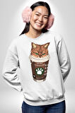 Catpuccino Kedi Karikatür Eğlenceli Tasarım Erkek Kadın Unisex Dijital Baskılı Beyaz Sweatshirt