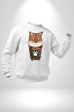 Catpuccino Kedi Karikatür Eğlenceli Tasarım Erkek Kadın Unisex Dijital Baskılı Beyaz Sweatshirt