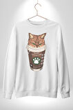 Catpuccino Kedi Karikatür Eğlenceli Tasarım Erkek Kadın Unisex Dijital Baskılı Beyaz Sweatshirt