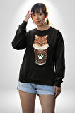 Catpuccino Kedi Karikatür Eğlenceli Tasarım Erkek Kadın Unisex Dijital Baskılı Siyah Sweatshirt