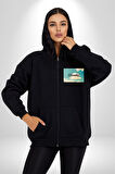Pisikolojim Bulutlu Erkek Kadın Siyah Fermuarlı Baskılı Hırka Sweatshirt