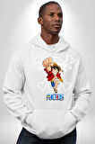 One Piece Luffy Korsan Anime Tasarımı Erkek Kadın Beyaz Dijital Baskılı Kapüşonlu Sweatshirt Hoodie