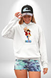 One Piece Luffy Korsan Anime Tasarımı Erkek Kadın Beyaz Dijital Baskılı Kapüşonlu Sweatshirt Hoodie