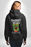 Tavşan Sokak Stili Giyim Erkek Kadın Siyah Ön Sırt Baskılı Kapüşonlu Sweatshirt Hoodie