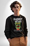 Tavşan Sokak Stili Giyim Erkek Kadın Unisex Dijital Baskılı Siyah Sweatshirt