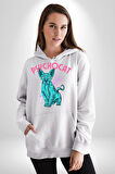 Mavi Uzaylı Sinirli Sfenks Kedisi Erkek Kadın Beyaz Dijital Baskılı Kapüşonlu Sweatshirt Hoodie