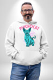 Mavi Uzaylı Sinirli Sfenks Kedisi Erkek Kadın Beyaz Dijital Baskılı Kapüşonlu Sweatshirt Hoodie