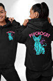 Mavi Uzaylı Sinirli Sfenks Kedisi Erkek Kadın Siyah Ön Sırt Baskılı Kapüşonlu Sweatshirt Hoodie