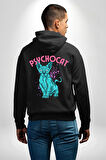 Mavi Uzaylı Sinirli Sfenks Kedisi Erkek Kadın Siyah Ön Sırt Baskılı Kapüşonlu Sweatshirt Hoodie