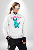 Mavi Uzaylı Sinirli Sfenks Kedisi Erkek Kadın Unisex Dijital Baskılı Beyaz Sweatshirt