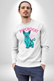 Mavi Uzaylı Sinirli Sfenks Kedisi Erkek Kadın Unisex Dijital Baskılı Beyaz Sweatshirt
