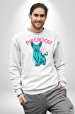 Mavi Uzaylı Sinirli Sfenks Kedisi Erkek Kadın Unisex Dijital Baskılı Beyaz Sweatshirt