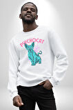 Mavi Uzaylı Sinirli Sfenks Kedisi Erkek Kadın Unisex Dijital Baskılı Beyaz Sweatshirt