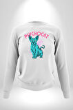 Mavi Uzaylı Sinirli Sfenks Kedisi Erkek Kadın Unisex Dijital Baskılı Beyaz Sweatshirt