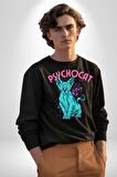 Mavi Uzaylı Sinirli Sfenks Kedisi Erkek Kadın Unisex Dijital Baskılı Siyah Sweatshirt