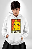 Pikachu Karikatür Enerjik Tasarım Erkek Kadın Beyaz Dijital Baskılı Kapüşonlu Sweatshirt Hoodie