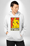 Pikachu Karikatür Enerjik Tasarım Erkek Kadın Beyaz Dijital Baskılı Kapüşonlu Sweatshirt Hoodie