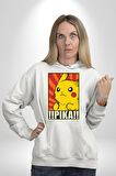 Pikachu Karikatür Enerjik Tasarım Erkek Kadın Beyaz Dijital Baskılı Kapüşonlu Sweatshirt Hoodie