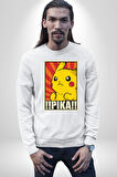 Pikachu Karikatür Enerjik Tasarım Erkek Kadın Unisex Dijital Baskılı Beyaz Sweatshirt