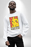 Pikachu Karikatür Enerjik Tasarım Erkek Kadın Unisex Dijital Baskılı Beyaz Sweatshirt