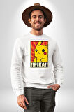 Pikachu Karikatür Enerjik Tasarım Erkek Kadın Unisex Dijital Baskılı Beyaz Sweatshirt
