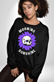 Polen Kafatası Mor Çiçek  Erkek Kadın Unisex Dijital Baskılı Siyah Sweatshirt