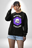 Polen Kafatası Mor Çiçek  Erkek Kadın Unisex Dijital Baskılı Siyah Sweatshirt