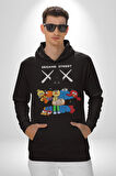 Sesame Street Kaws Karikatür Tasarımı Erkek Kadın Siyah Dijital Baskılı Kapüşonlu Sweatshirt Hoodie