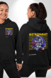 Roket Ata Binen Astronot Erkek Kadın Siyah Ön Sırt Baskılı Kapüşonlu Sweatshirt Hoodie