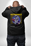 Roket Ata Binen Astronot Erkek Kadın Siyah Ön Sırt Baskılı Kapüşonlu Sweatshirt Hoodie