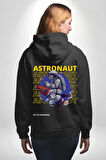Roket Ata Binen Astronot Erkek Kadın Siyah Ön Sırt Baskılı Kapüşonlu Sweatshirt Hoodie