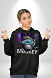 Kötü Maymun Güneş Gözlüklü Erkek Kadın Siyah Dijital Baskılı Kapüşonlu Sweatshirt Hoodie