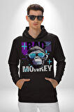 Kötü Maymun Güneş Gözlüklü Erkek Kadın Siyah Dijital Baskılı Kapüşonlu Sweatshirt Hoodie