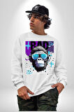 Kötü Maymun Güneş Gözlüklü Erkek Kadın Unisex Dijital Baskılı Beyaz Sweatshirt