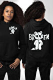 Kırık Kalp Ayı Erkek Kadın Siyah Ön Sırt Baskılı Kapüşonlu Sweatshirt Hoodie
