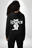 Kırık Kalp Ayı Erkek Kadın Siyah Ön Sırt Baskılı Kapüşonlu Sweatshirt Hoodie