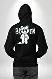 Kırık Kalp Ayı Erkek Kadın Siyah Ön Sırt Baskılı Kapüşonlu Sweatshirt Hoodie