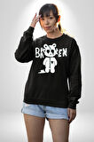 Kırık Kalp Ayı Erkek Kadın Unisex Dijital Baskılı Siyah Sweatshirt