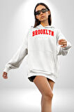 Brooklyn Kırmızı Erkek Kadın Beyaz Dijital Baskılı Kapüşonlu Sweatshirt Hoodie