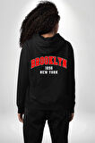 Brooklyn Kırmızı Erkek Kadın Siyah Ön Sırt Baskılı Kapüşonlu Sweatshirt Hoodie