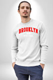 Brooklyn Kırmızı Erkek Kadın Unisex Dijital Baskılı Beyaz Sweatshirt