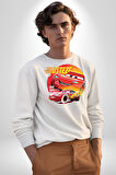 Lightning McQueen Yarışçı Araba Tasarımı Erkek Kadın Unisex Dijital Baskılı Beyaz Sweatshirt