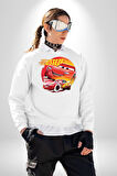 Lightning McQueen Yarışçı Araba Tasarımı Erkek Kadın Unisex Dijital Baskılı Beyaz Sweatshirt