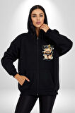 Nakit Dolar Kralı Ayıcık Sokak Stili Erkek Kadın Siyah Fermuarlı Baskılı Hırka Sweatshirt