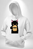 Nope Kedi Mizahi Kahve Tasarımı Erkek Kadın Beyaz Dijital Baskılı Kapüşonlu Sweatshirt Hoodie