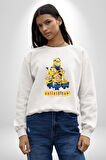 Minions Sevimli Karakter Tasarımı Erkek Kadın Unisex Dijital Baskılı Beyaz Sweatshirt