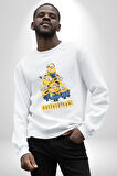 Minions Sevimli Karakter Tasarımı Erkek Kadın Unisex Dijital Baskılı Beyaz Sweatshirt
