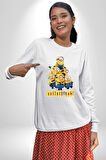 Minions Sevimli Karakter Tasarımı Erkek Kadın Unisex Dijital Baskılı Beyaz Sweatshirt
