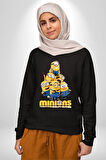Minions Sevimli Karakter Tasarımı Erkek Kadın Unisex Dijital Baskılı Siyah Sweatshirt