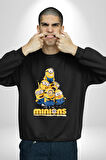 Minions Sevimli Karakter Tasarımı Erkek Kadın Unisex Dijital Baskılı Siyah Sweatshirt